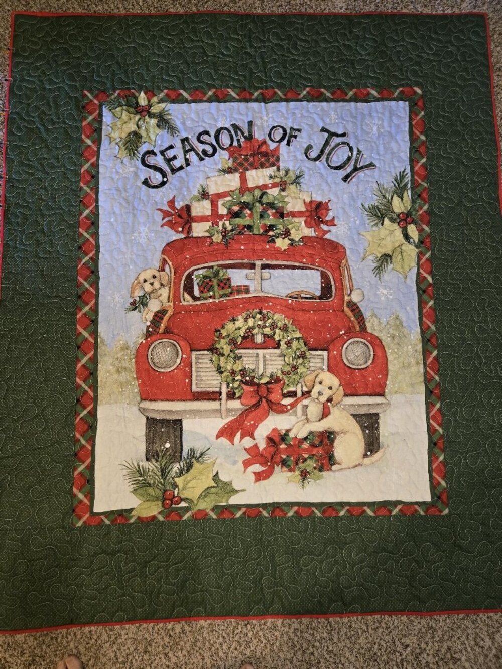 Handmade Christmas Red Truck Christmas Quilt Fleece backing / Season of Joy